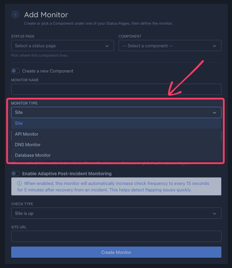 Monitor types selection